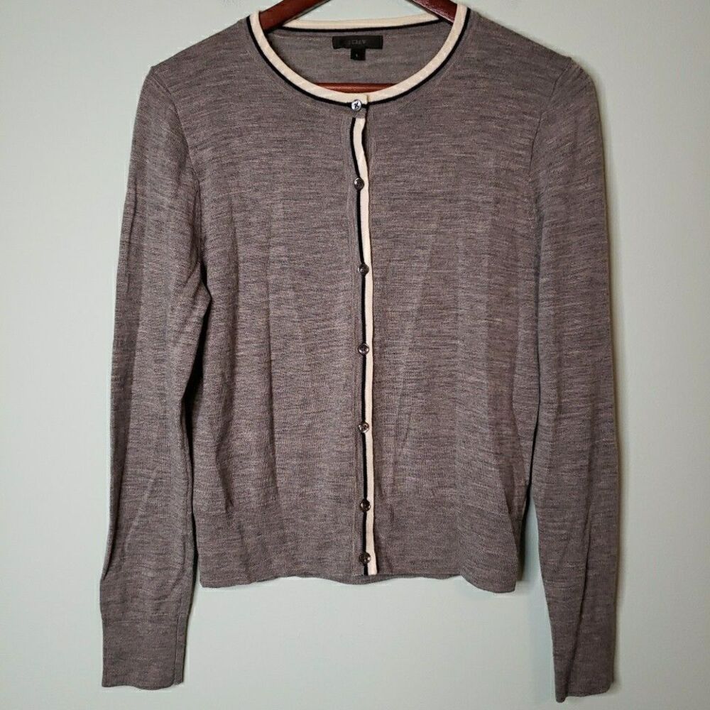 J Crew Womens Lightweight Cardigan Sweater Sz Large Gray Merino Wool Button Down